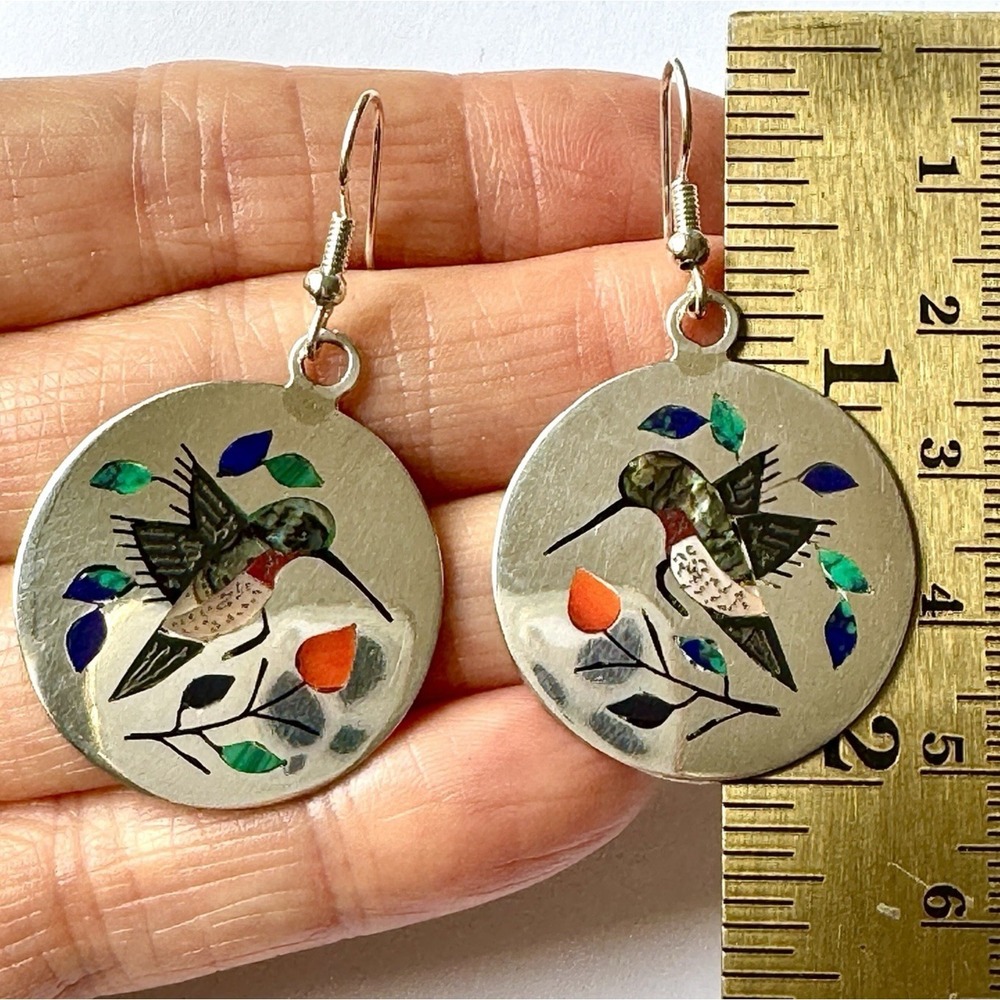 Zuni Inlay Hummingbird Earrings Turquoise Hook 2" Sterling Raymond Boyd Native